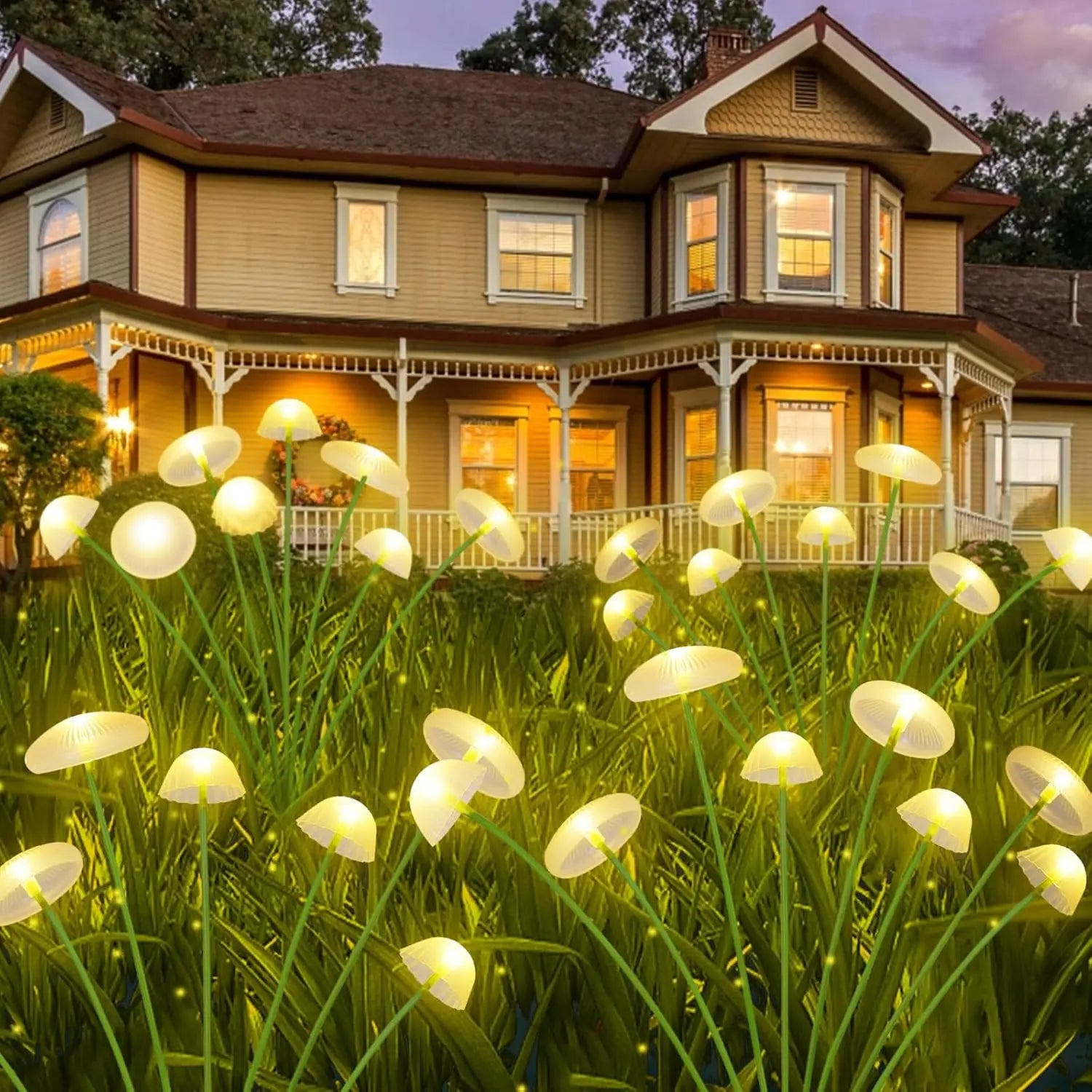 Glowing solar garden lights at dusk