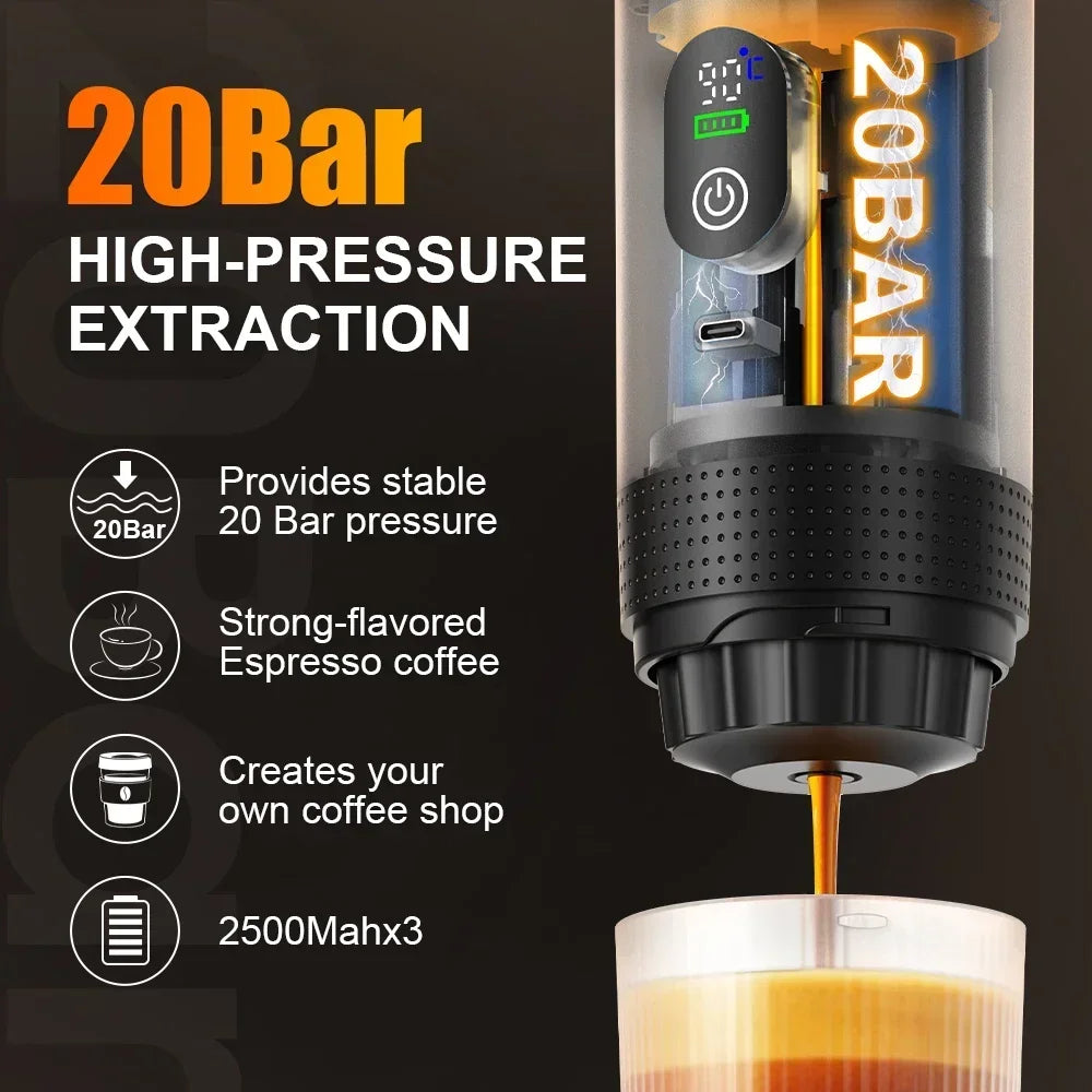 Luxe Haven portable espresso maker pulling a 20-bar espresso shot with rich crema