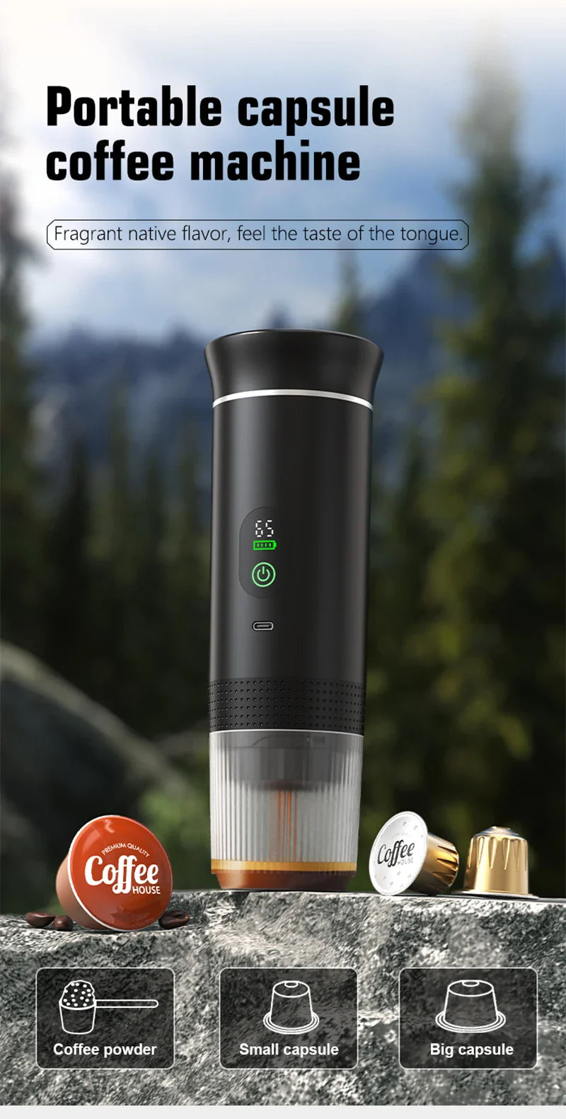Matte black portable espresso machine outdoors with mountain scenery — coffee anywhere