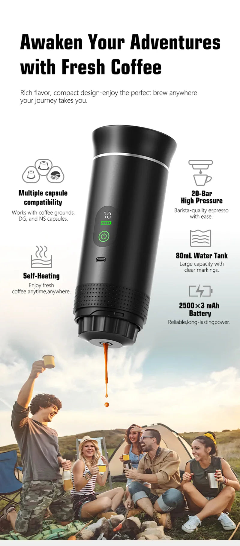 Feature overview: 20-bar pressure, self-heating, 80 ml stainless steel water tank