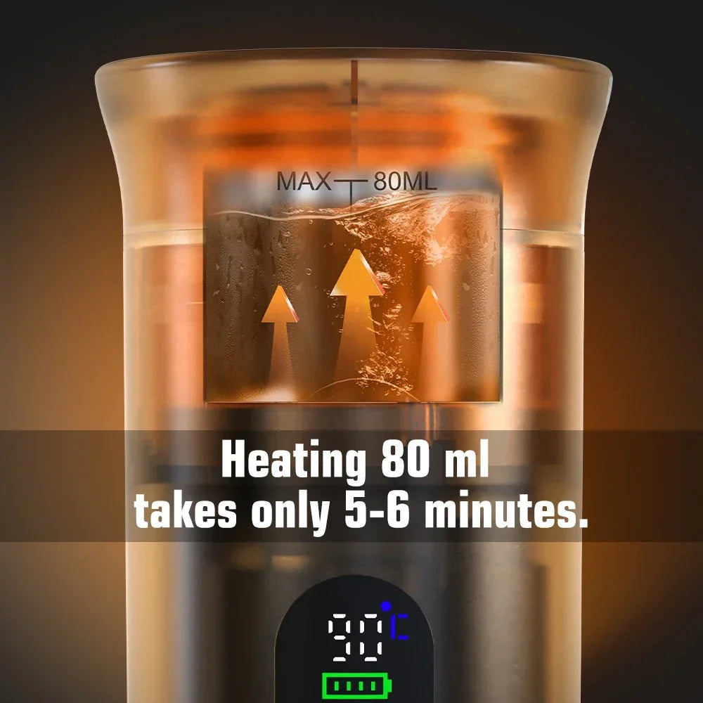 Self-heating portable espresso maker warming 80 ml of water in 5 to 6 minutes