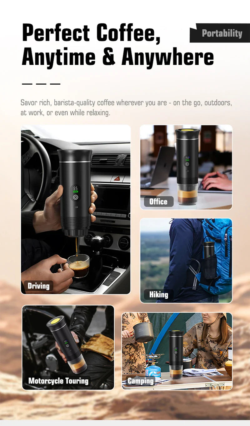 Portable espresso maker in use in the car, at the office, hiking and camping