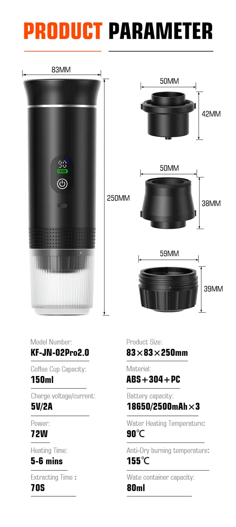Full specifications and dimensions of the Luxe Haven portable espresso maker