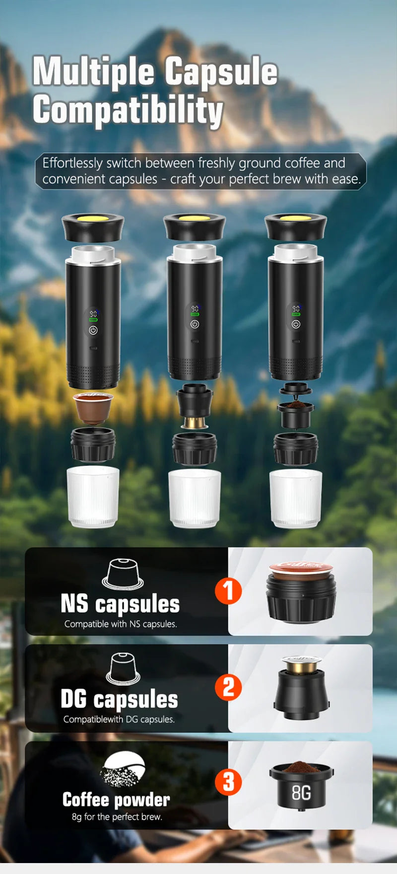 Espresso maker compatible with NS capsules, DG capsules and fresh ground coffee