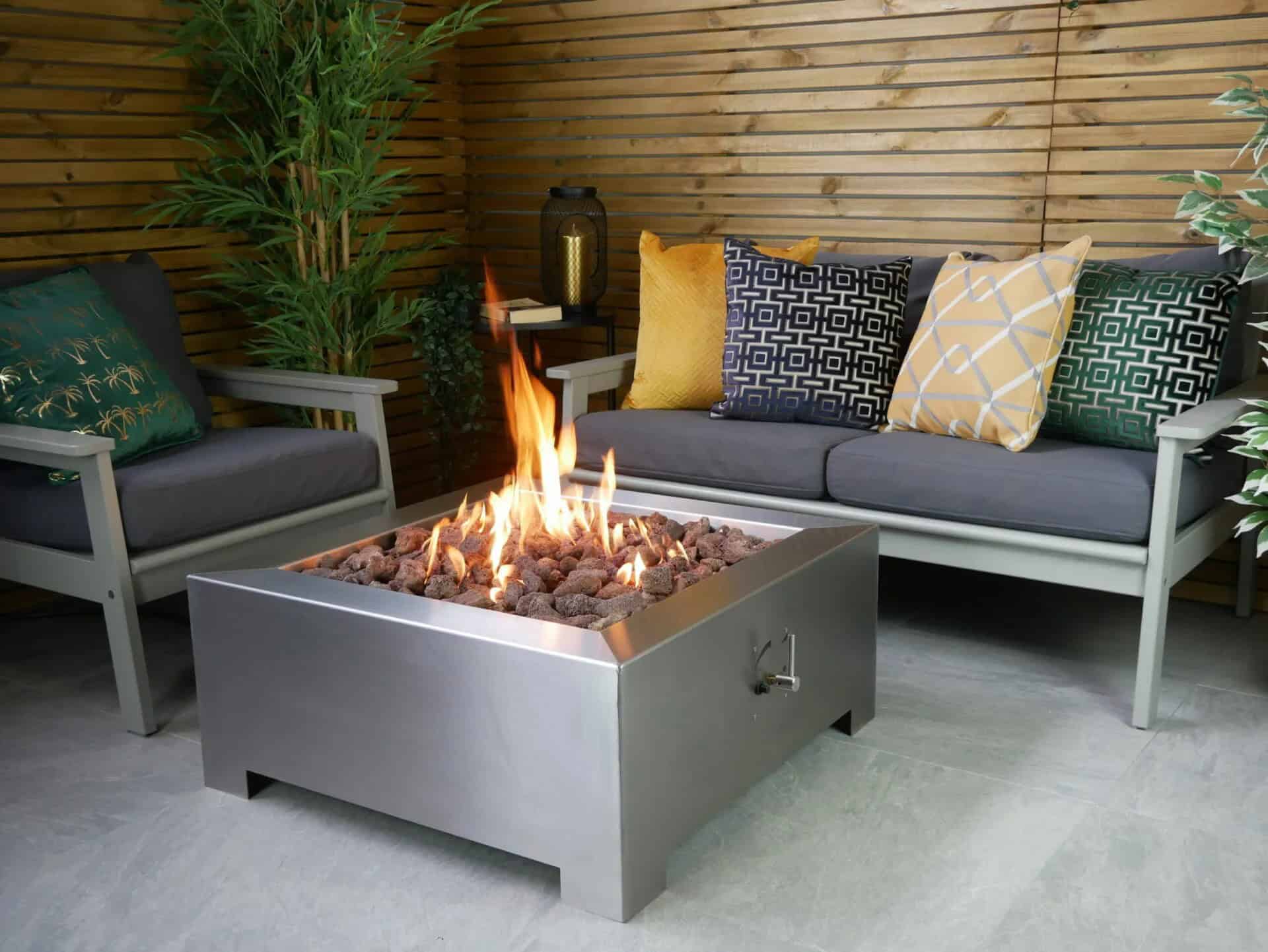 The Helios Stainless Steel Square Gas Fire — Premium British Outdoor Fire Pit Table