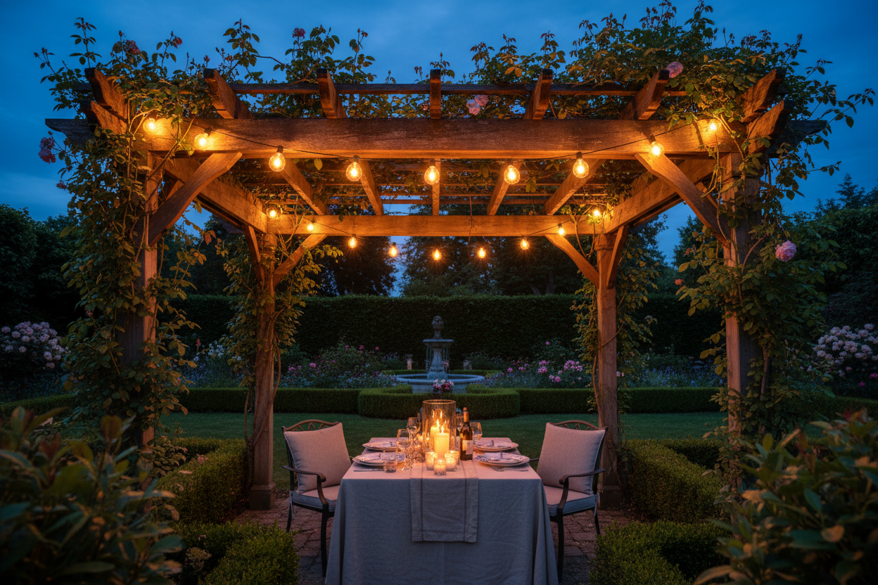 Coastal LED String Lights – warm Edison bulbs draped across a garden pergola at dusk with candlelit table below