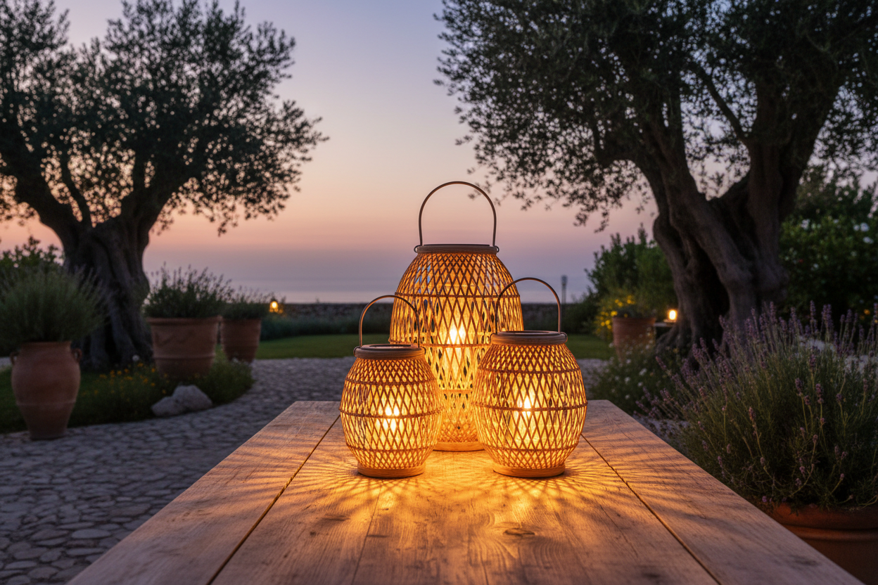Amalfi Solar Lantern Trio — three hand-woven rattan lanterns glowing at dusk in a Mediterranean garden setting